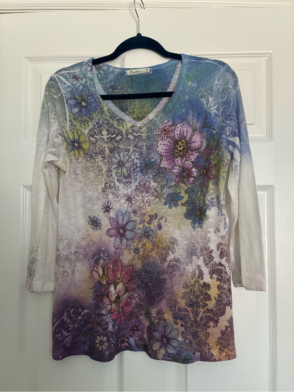 Cactus Floral Ombre V-Neck Long Sleeve Top - Purple Multi